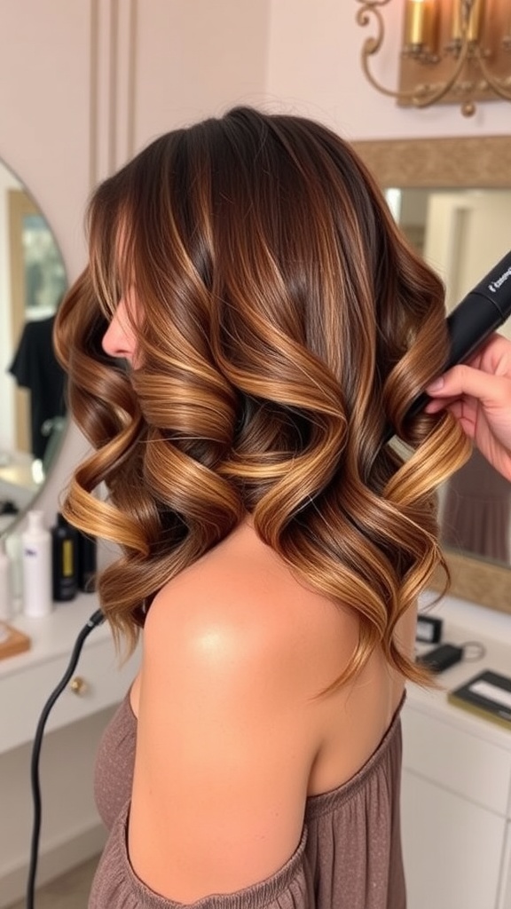 A stylish woman with bouncy waves created using a 3 clamp curling iron, showcasing a chic hairstyle.